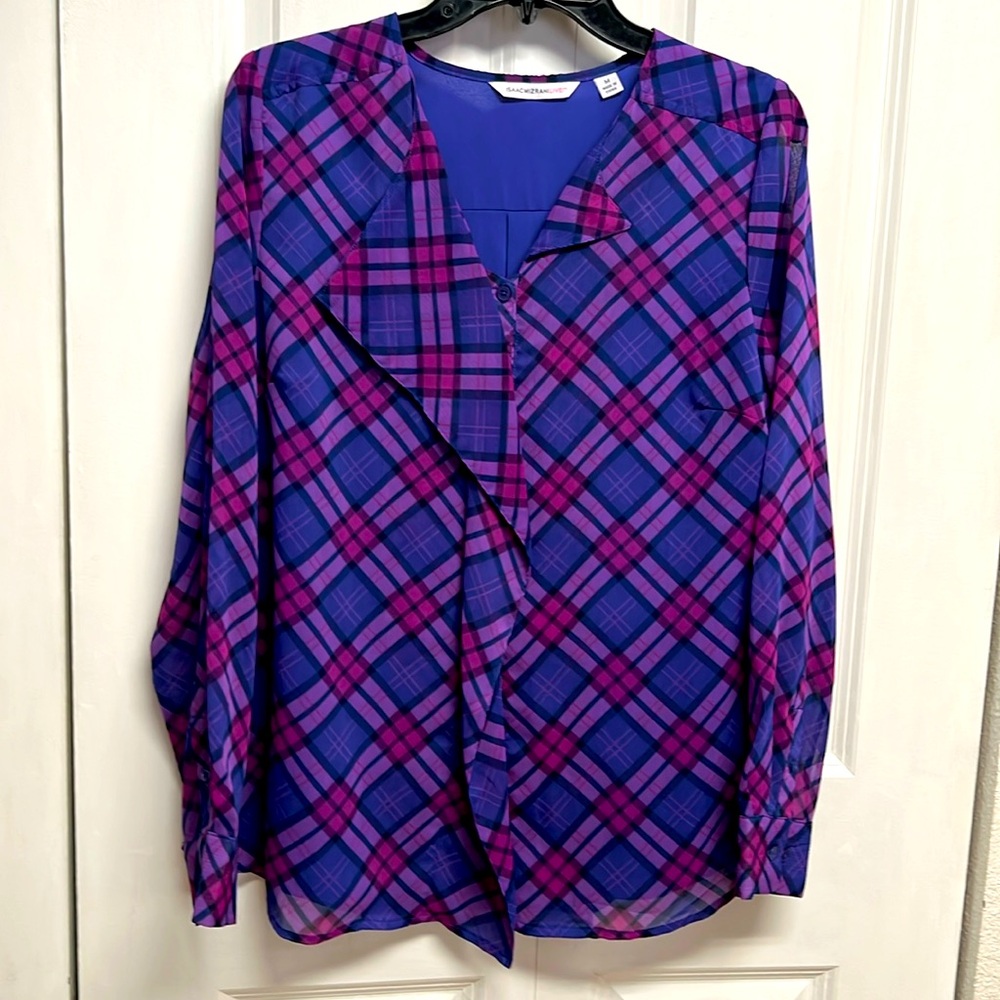 Isaac Mizrahi Purple Pink Plaid Long Sleeve Ruffle Top Size M